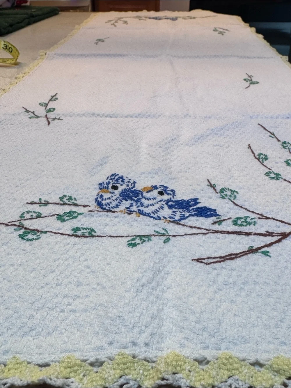 Embroidered Blue Bird of Happiness Table Runner